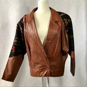 One of a kind Leather Jacket Coat with tapestry.